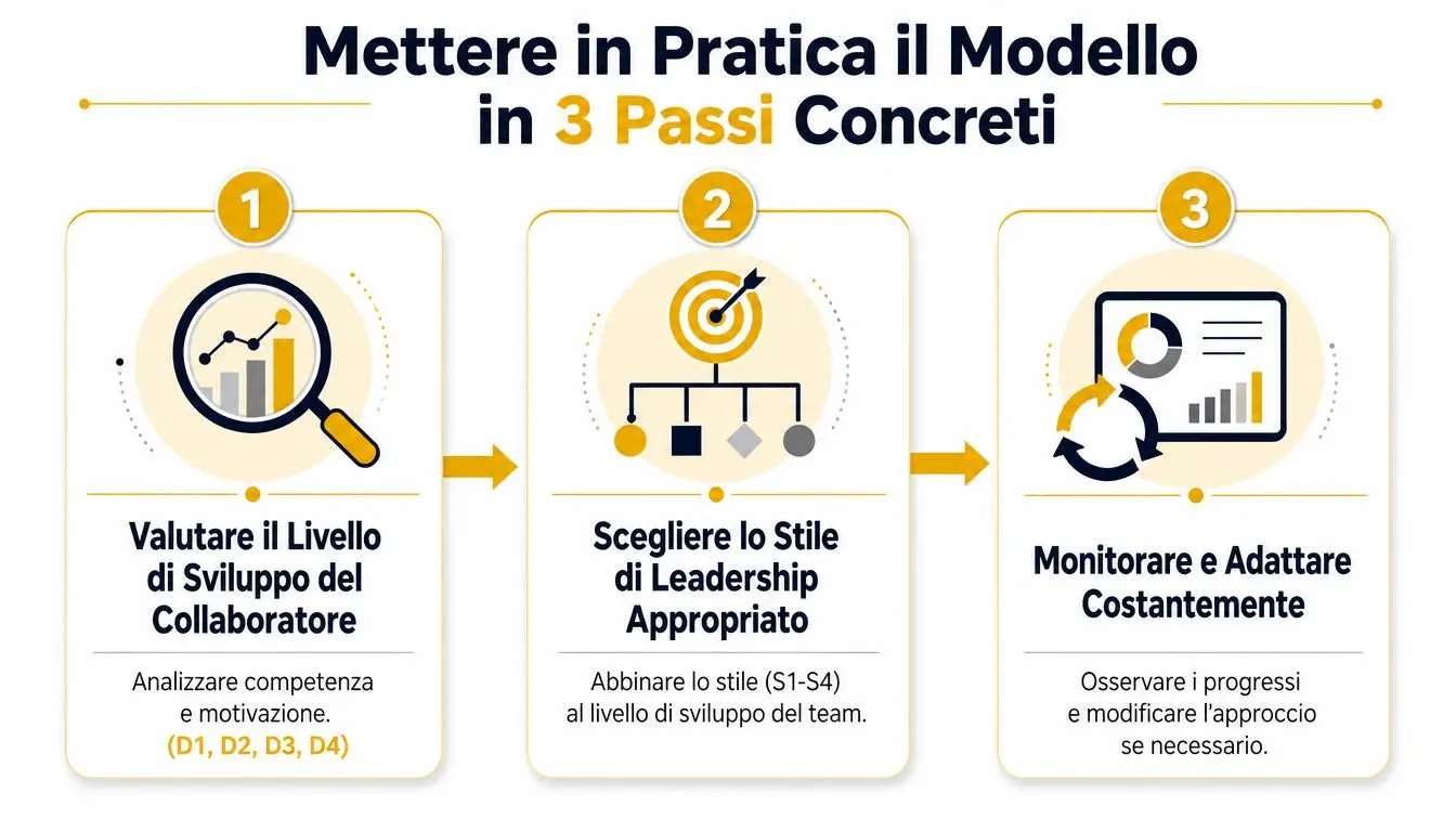Schema in tre passaggi per applicare il modello di leadership situazionale di Hersey e Blanchard in azienda.