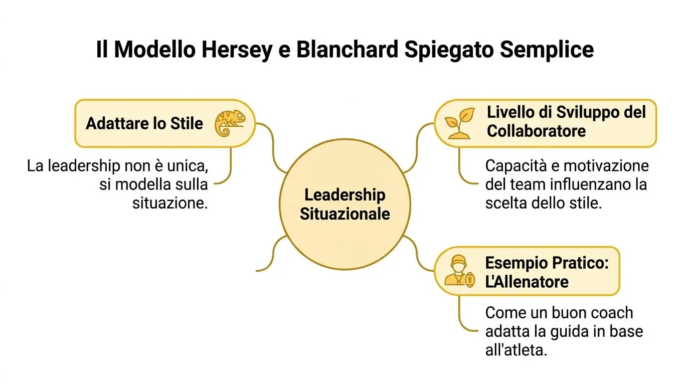 Mappa concettuale che spiega il modello di leadership situazionale di Hersey e Blanchard in modo semplice.