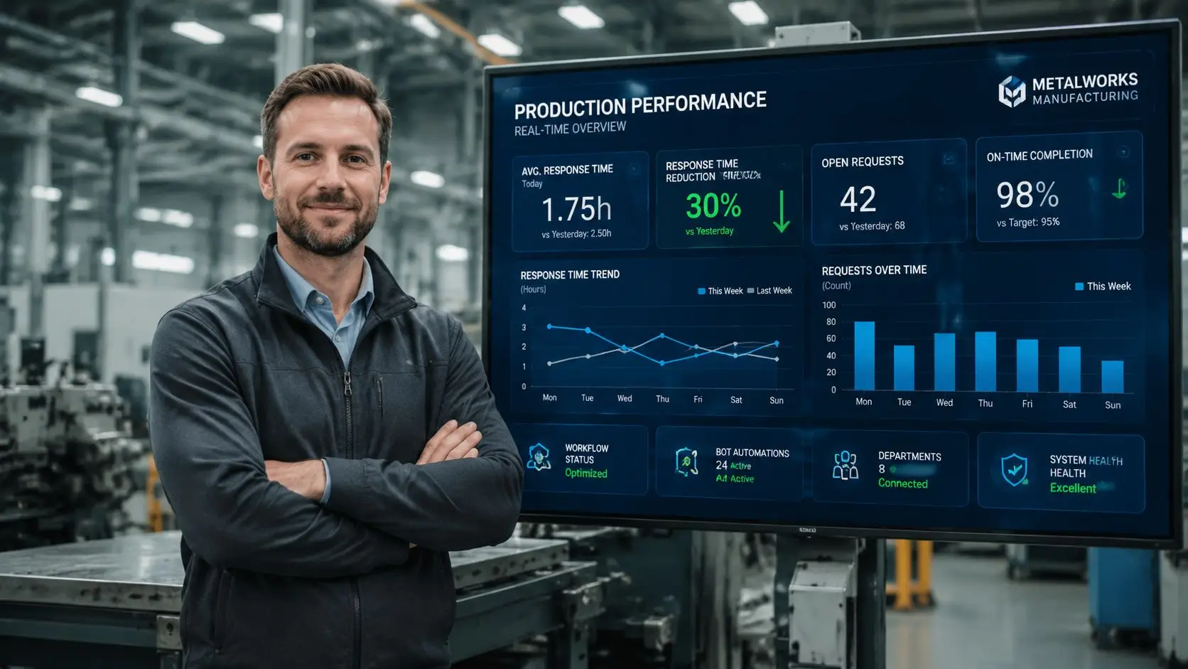 Un responsabile di produzione in fabbrica davanti a un monitor che mostra le statistiche sulle prestazioni operative.