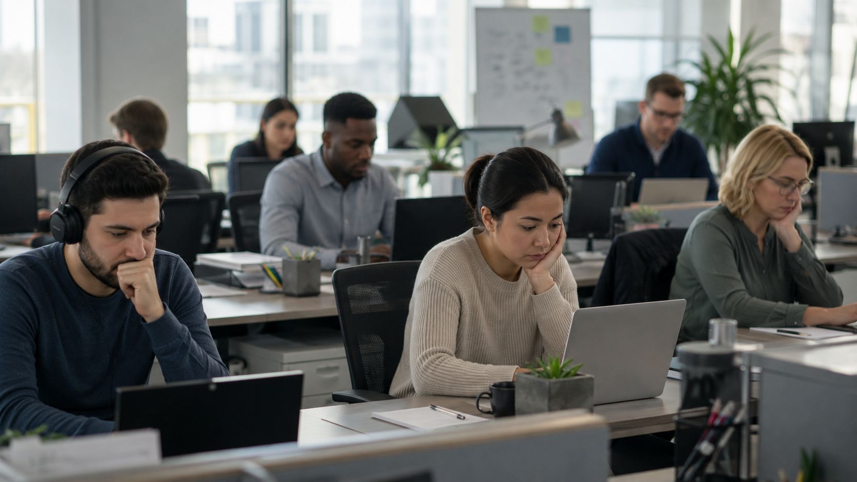 Diverse persone in un ufficio moderno, concentrate a lavorare sui propri computer portatili alla scrivania.