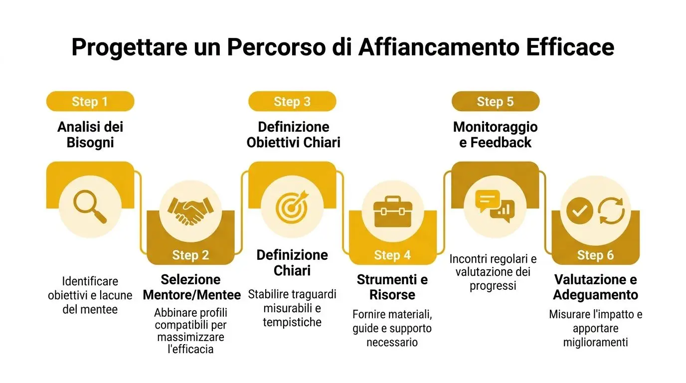 Infografica in italiano che illustra i sei passaggi fondamentali per progettare un efficace percorso di affiancamento lavorativo.