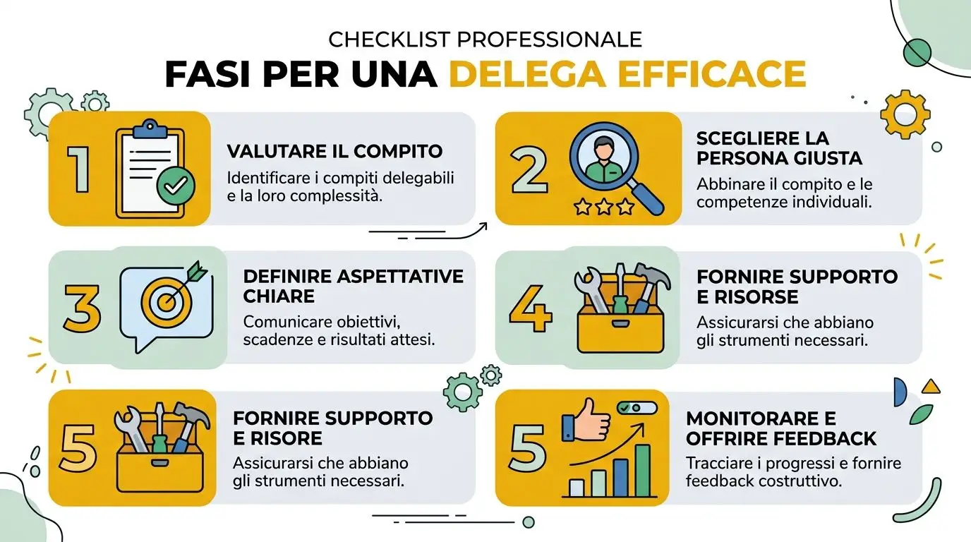Una infografica che illustra i cinque passaggi chiave per una delega efficace nel lavoro professionale.