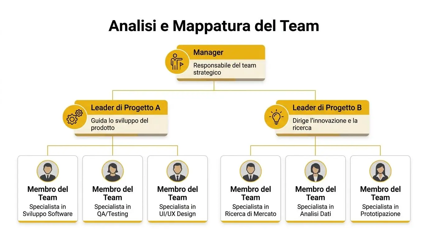Schema organizzativo che illustra la gerarchia del team, dal manager ai vari specialisti dei progetti.