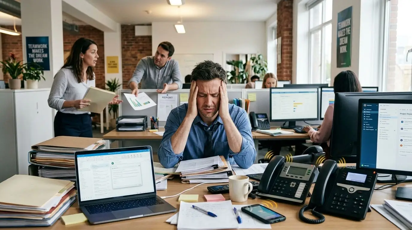 Impiegato stressato seduto alla sua scrivania in ufficio, circondato da documenti, telefoni e colleghi che chiedono attenzione.