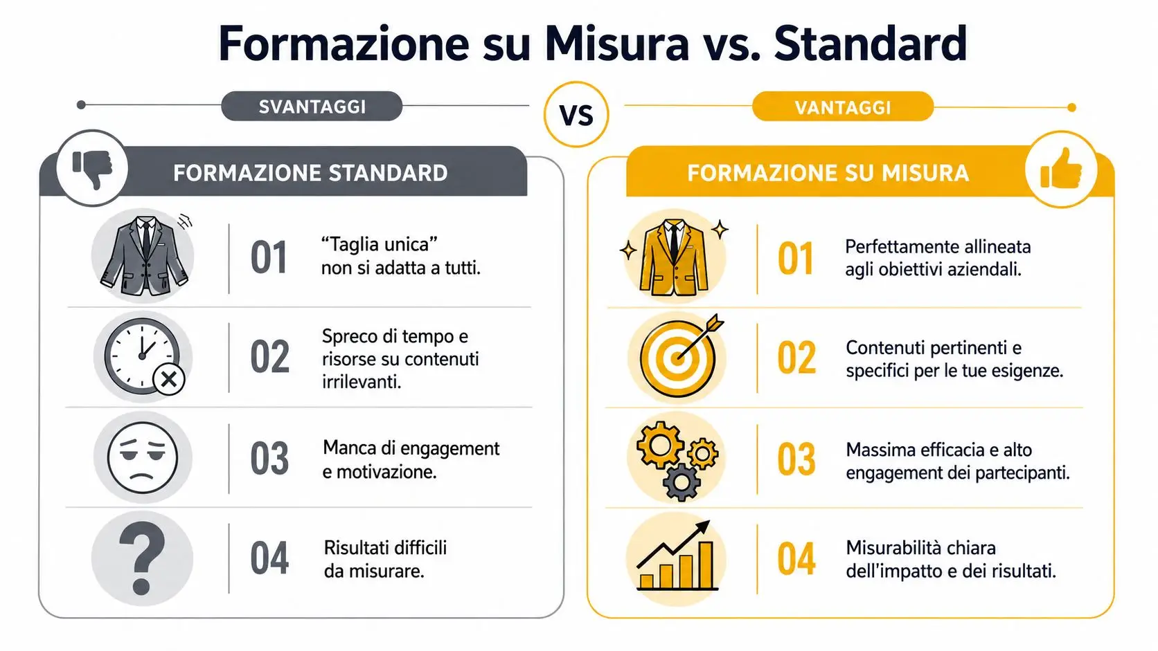 Confronto tra formazione standard e formazione su misura evidenziando svantaggi e vantaggi per le aziende.