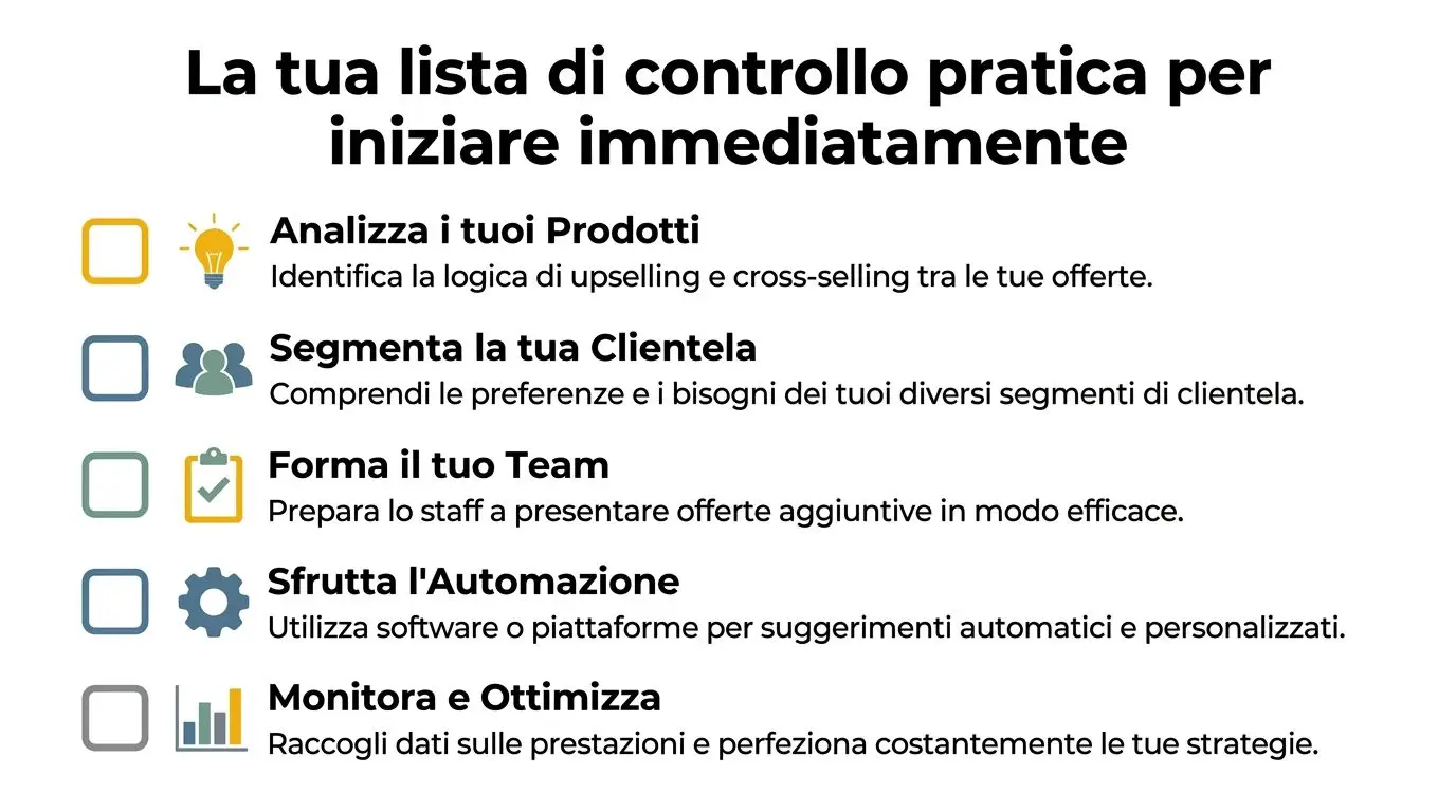 Lista di controllo con cinque passaggi strategici per implementare tecniche efficaci di upselling e cross-selling aziendale.