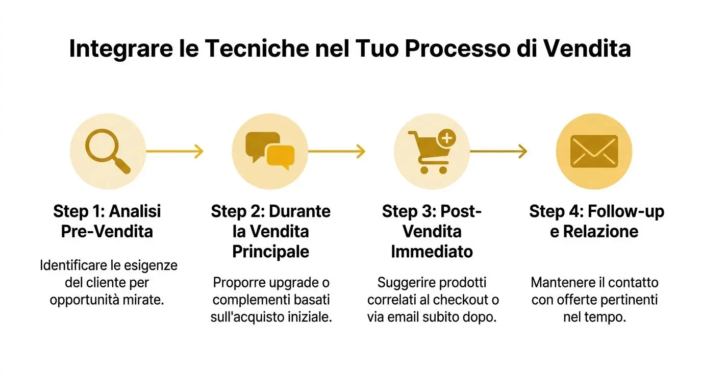 Schema in quattro fasi che illustra come integrare le tecniche di vendita nel processo aziendale.