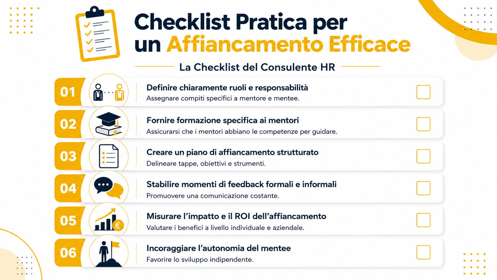 Una lista di controllo per l'affiancamento lavorativo efficace, utile per consulenti HR e tutor aziendali.