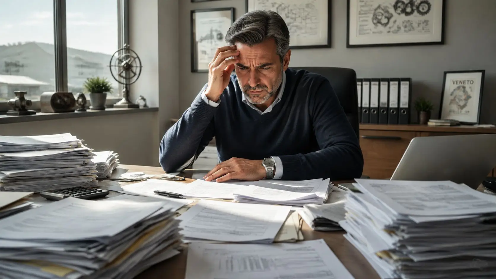 Un uomo d'affari stressato seduto alla scrivania sommerso da una grande quantità di documenti e scartoffie.