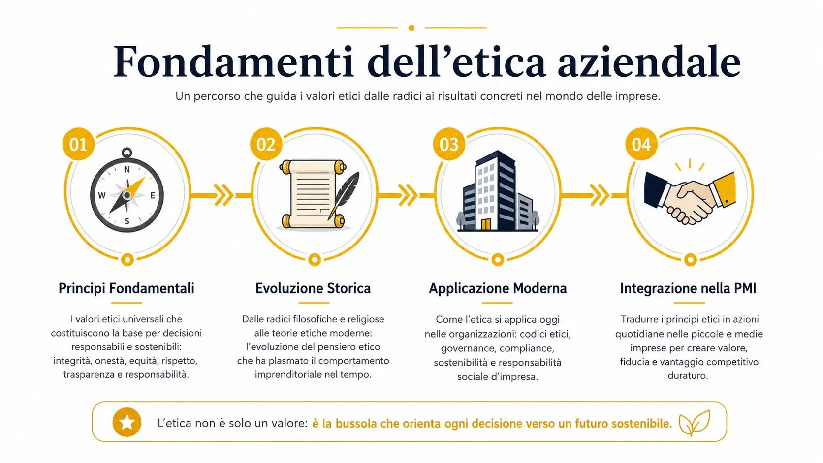 Infografica sui fondamenti dell'etica aziendale che illustra le fasi chiave, dai principi storici all'applicazione pratica nelle imprese.