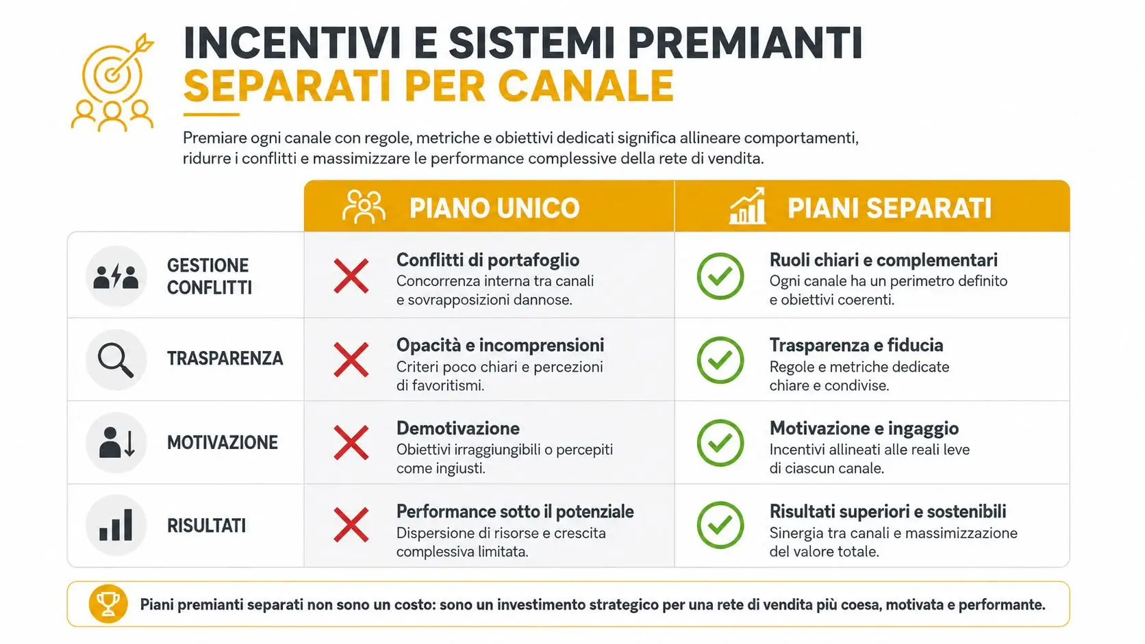 Confronto tra piano unico e piani premianti separati per la gestione ottimale della rete di vendita.