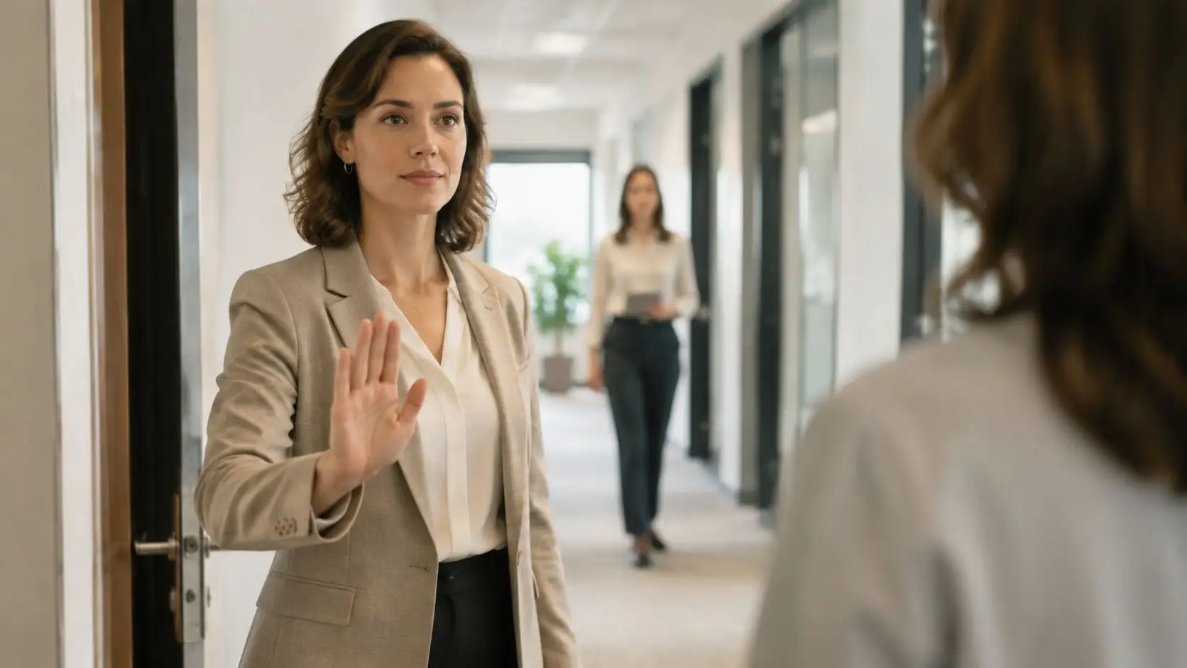 Una donna d'affari in ufficio fa un gesto con la mano per chiedere di fermarsi o attendere.