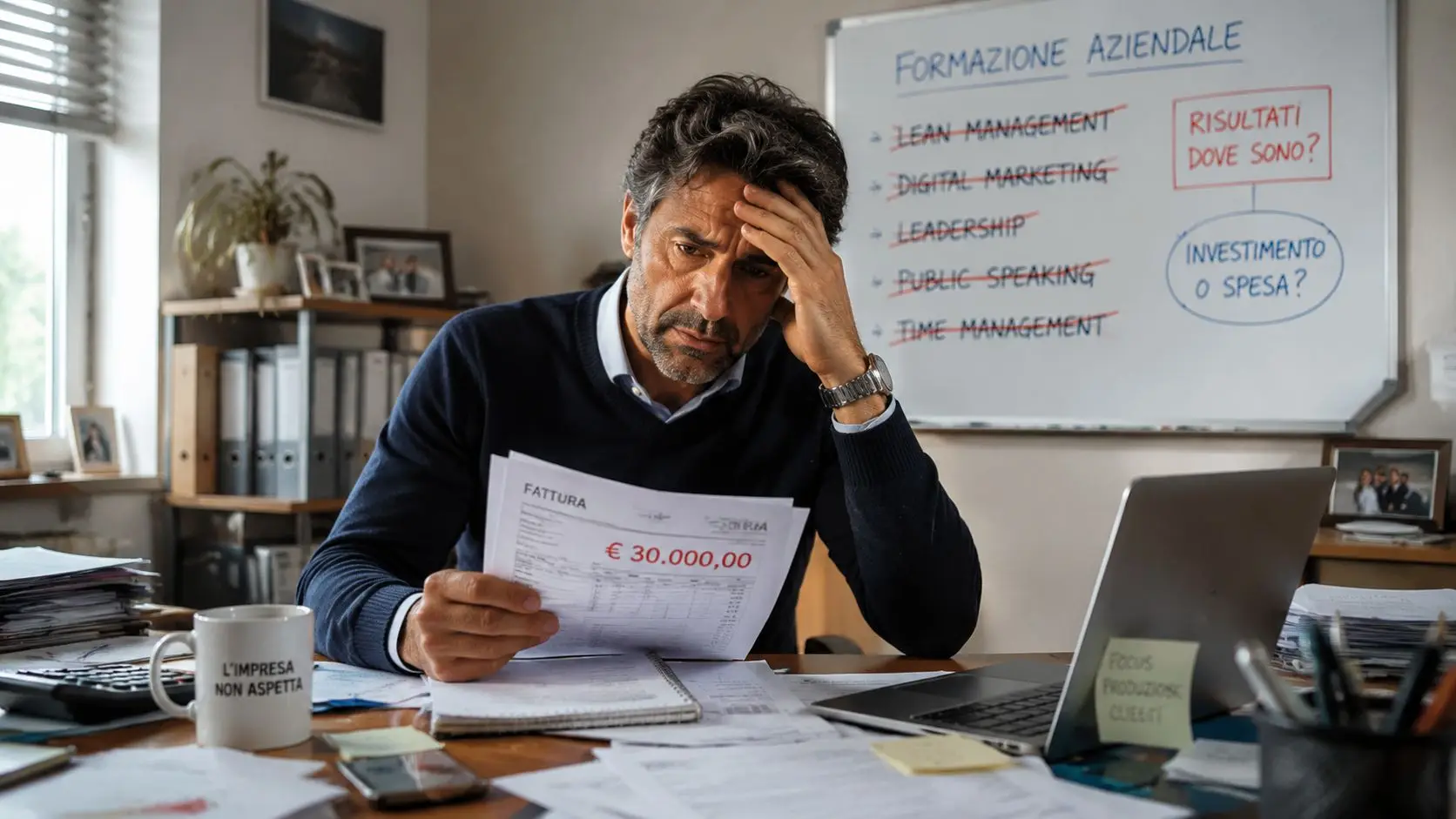 Un imprenditore stressato seduto alla scrivania analizza una fattura costosa guardando una lavagna con obiettivi formativi.