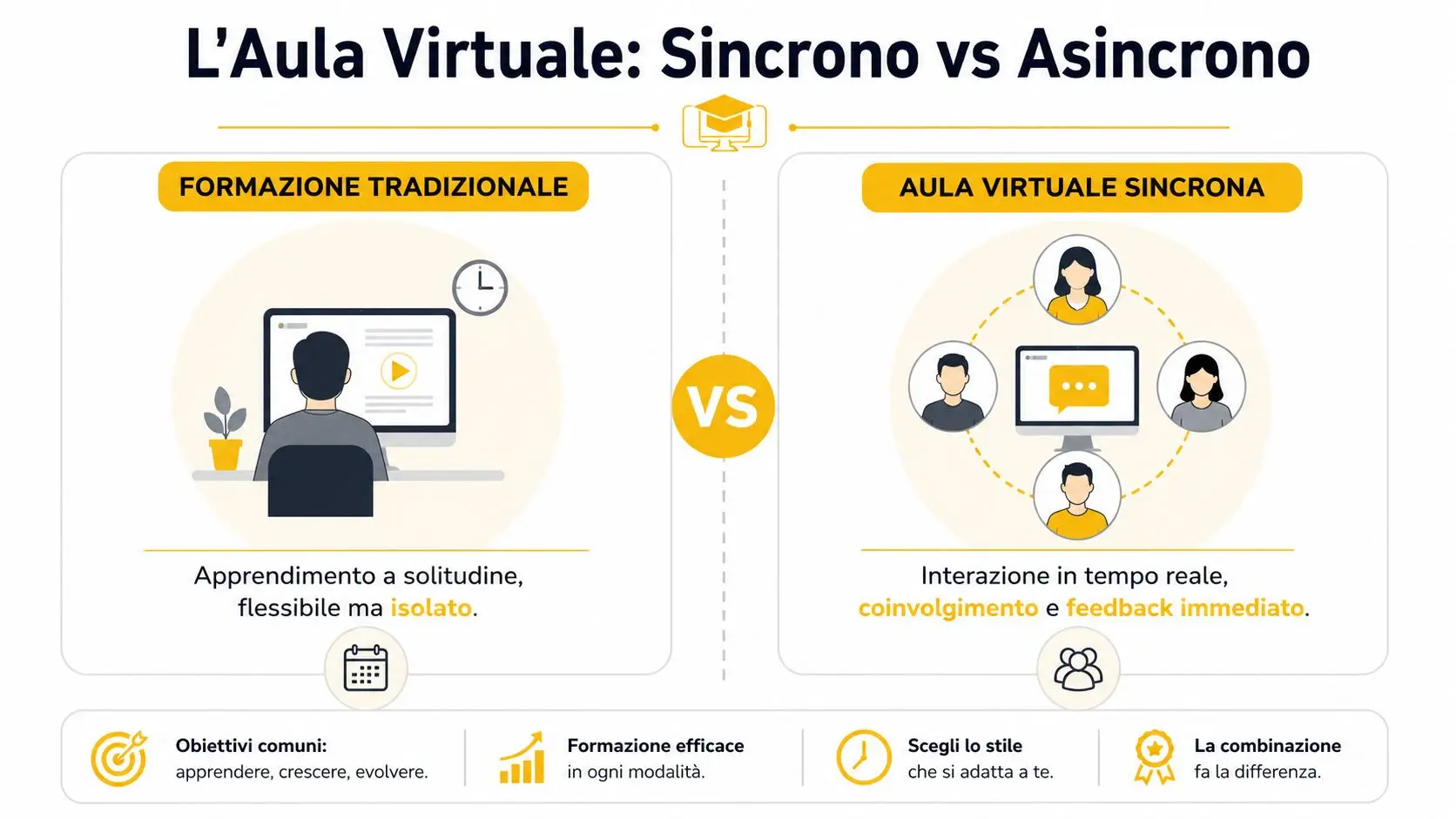 Confronto grafico tra formazione asincrona tradizionale e aula virtuale sincrona con i loro principali vantaggi formativi.