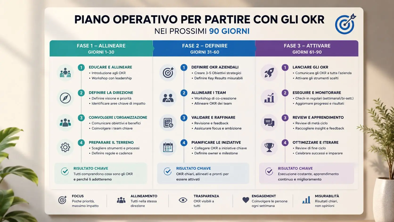 Infografica che illustra un piano operativo di 90 giorni per implementare il metodo OKR in azienda.
