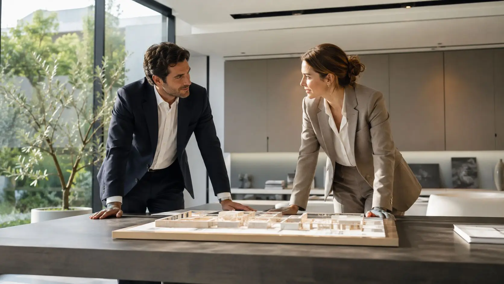 Un uomo e una donna in abbigliamento professionale discutono davanti a un plastico architettonico in ufficio moderno.