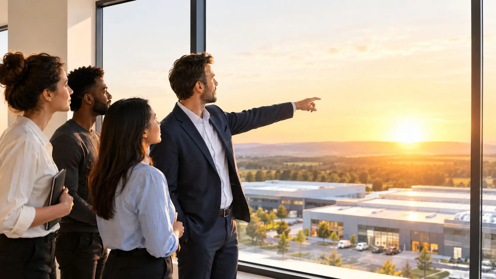 Un gruppo di professionisti osserva un panorama al tramonto mentre un uomo indica l'orizzonte in ufficio.