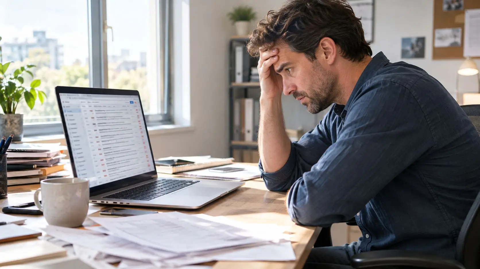 Un uomo d'affari stressato seduto alla sua scrivania mentre guarda le e-mail sul suo computer portatile.
