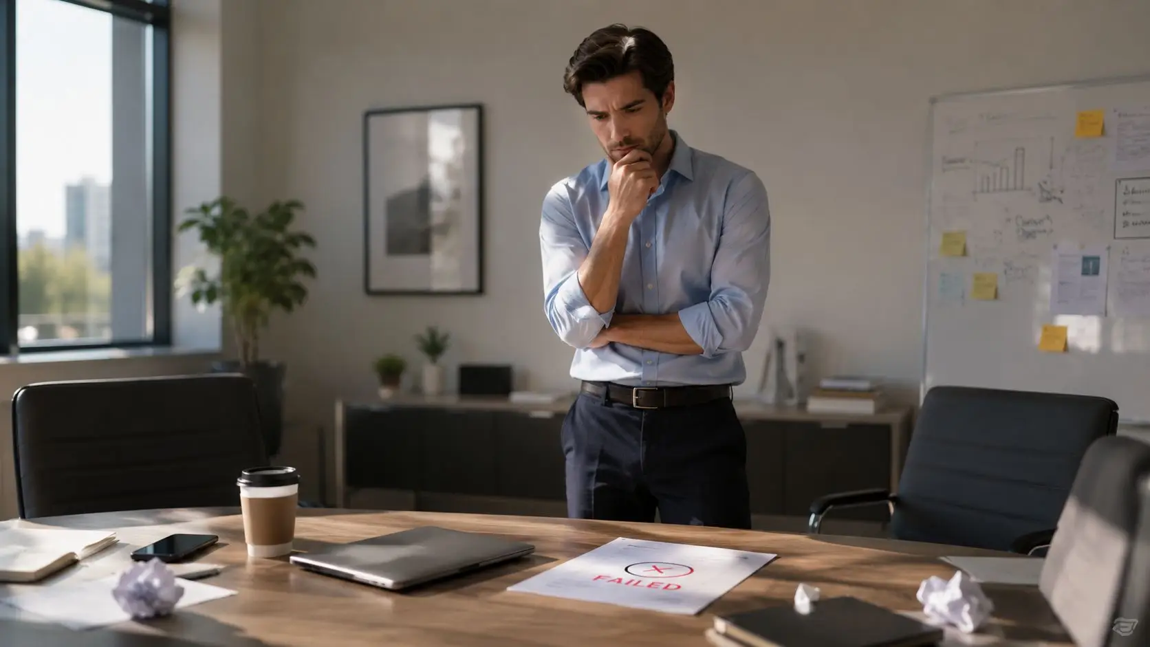 Un professionista dall'aria pensierosa guarda un documento con l'esito negativo di un colloquio di assessment lavorativo.