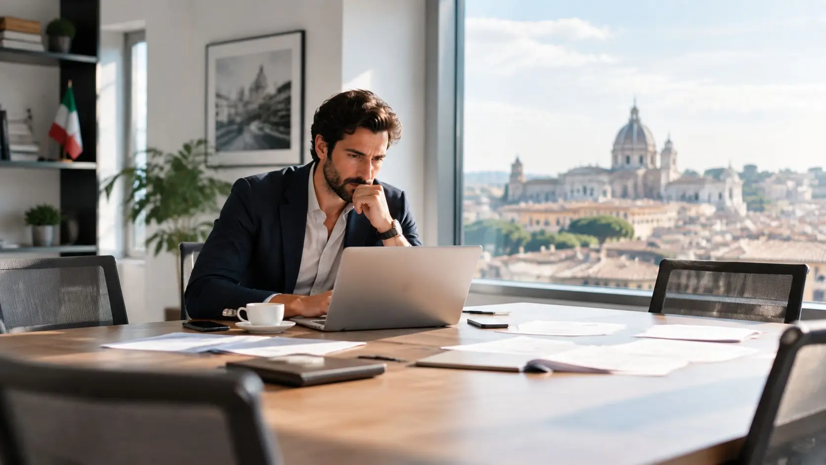 Imprenditore concentrato lavora al computer portatile nel suo ufficio moderno con una vista panoramica su Roma.