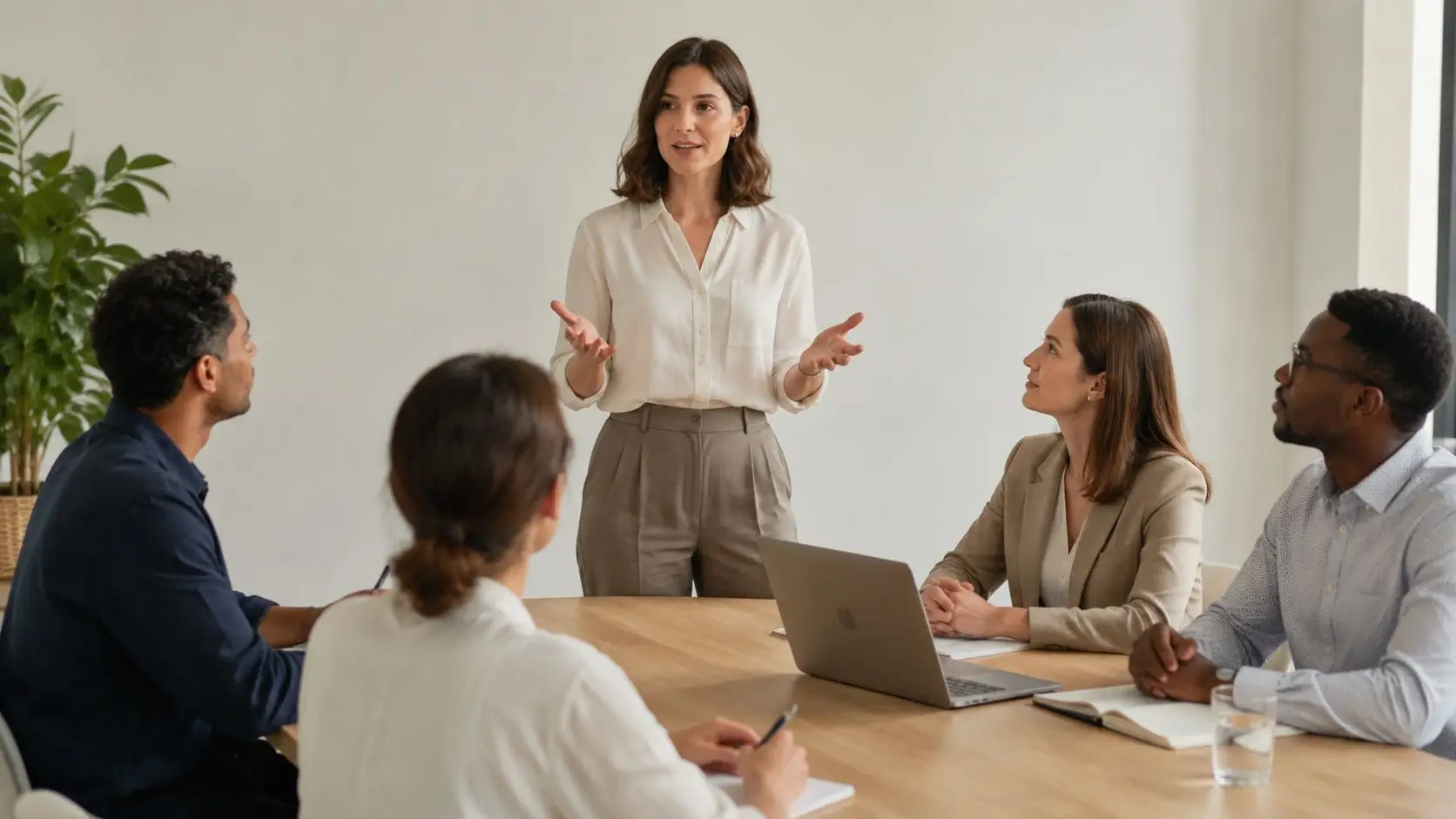 Una donna d'affari in piedi sta tenendo una presentazione professionale a un team in una sala riunioni moderna.