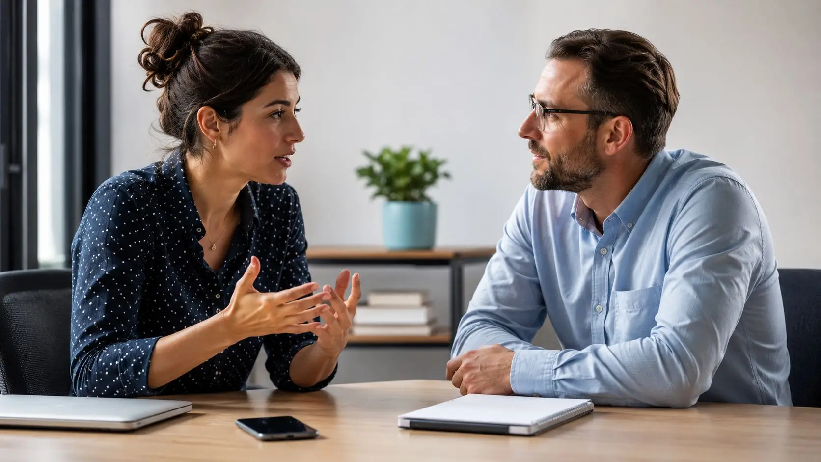 Una donna e un uomo in ufficio discutono animatamente durante una riunione di lavoro professionale.
