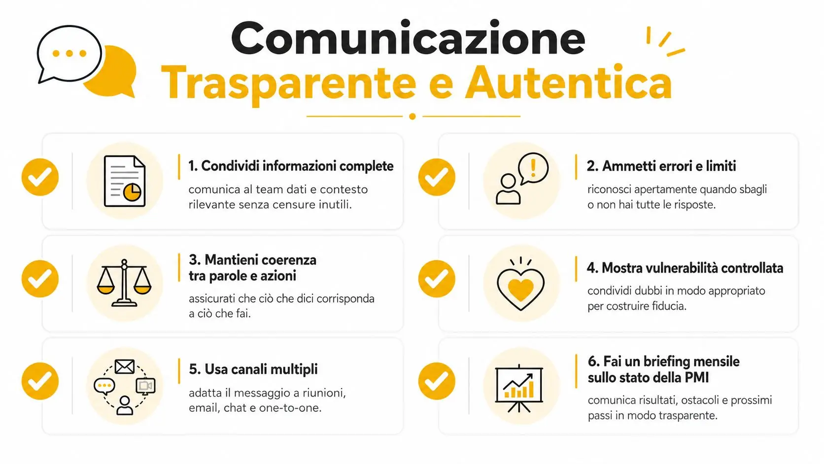 Infografica con sei consigli pratici per promuovere una comunicazione trasparente, autentica ed efficace all'interno del team aziendale.