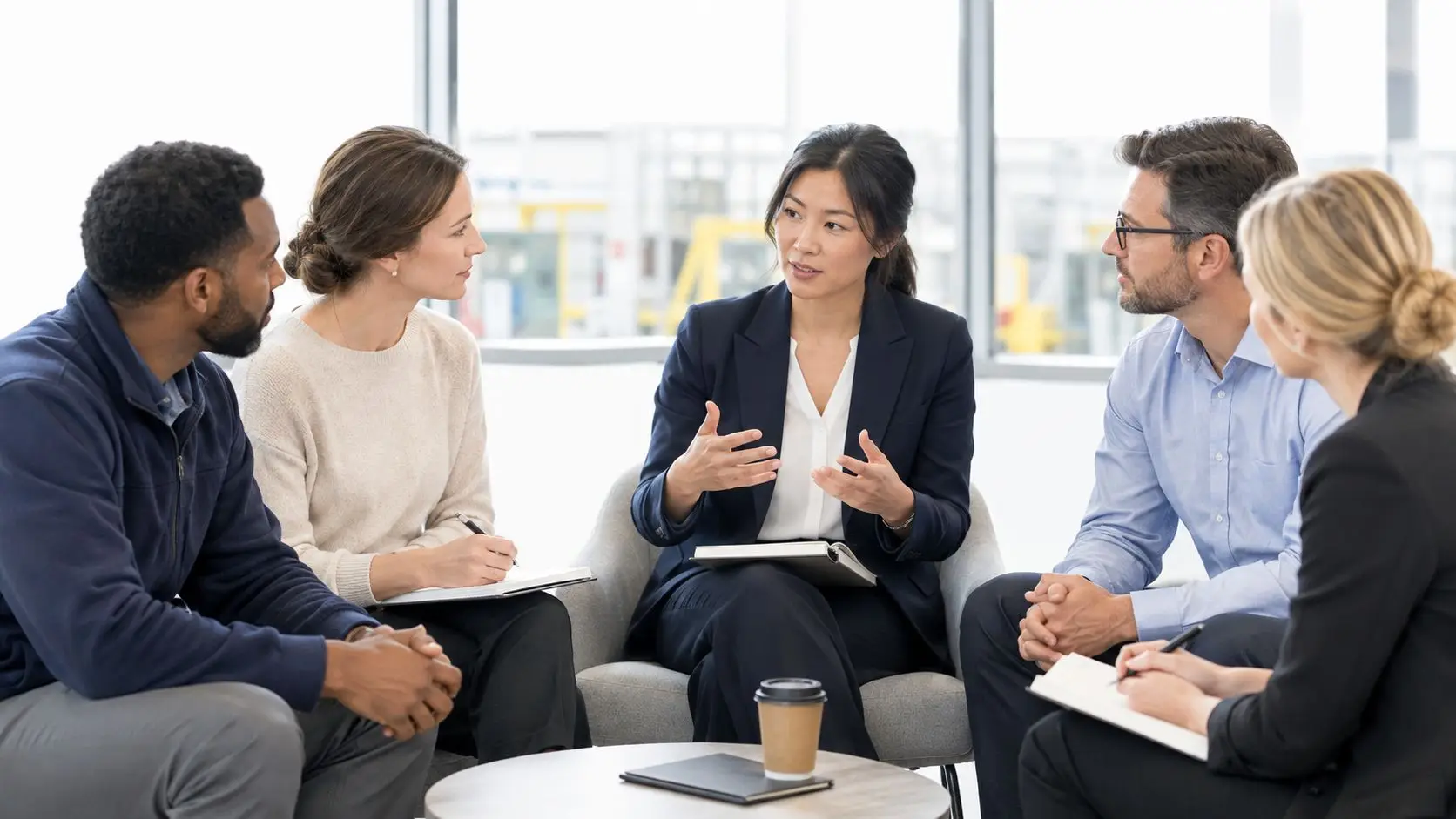 Un gruppo eterogeneo di professionisti che collabora durante una riunione di lavoro in un ufficio luminoso.