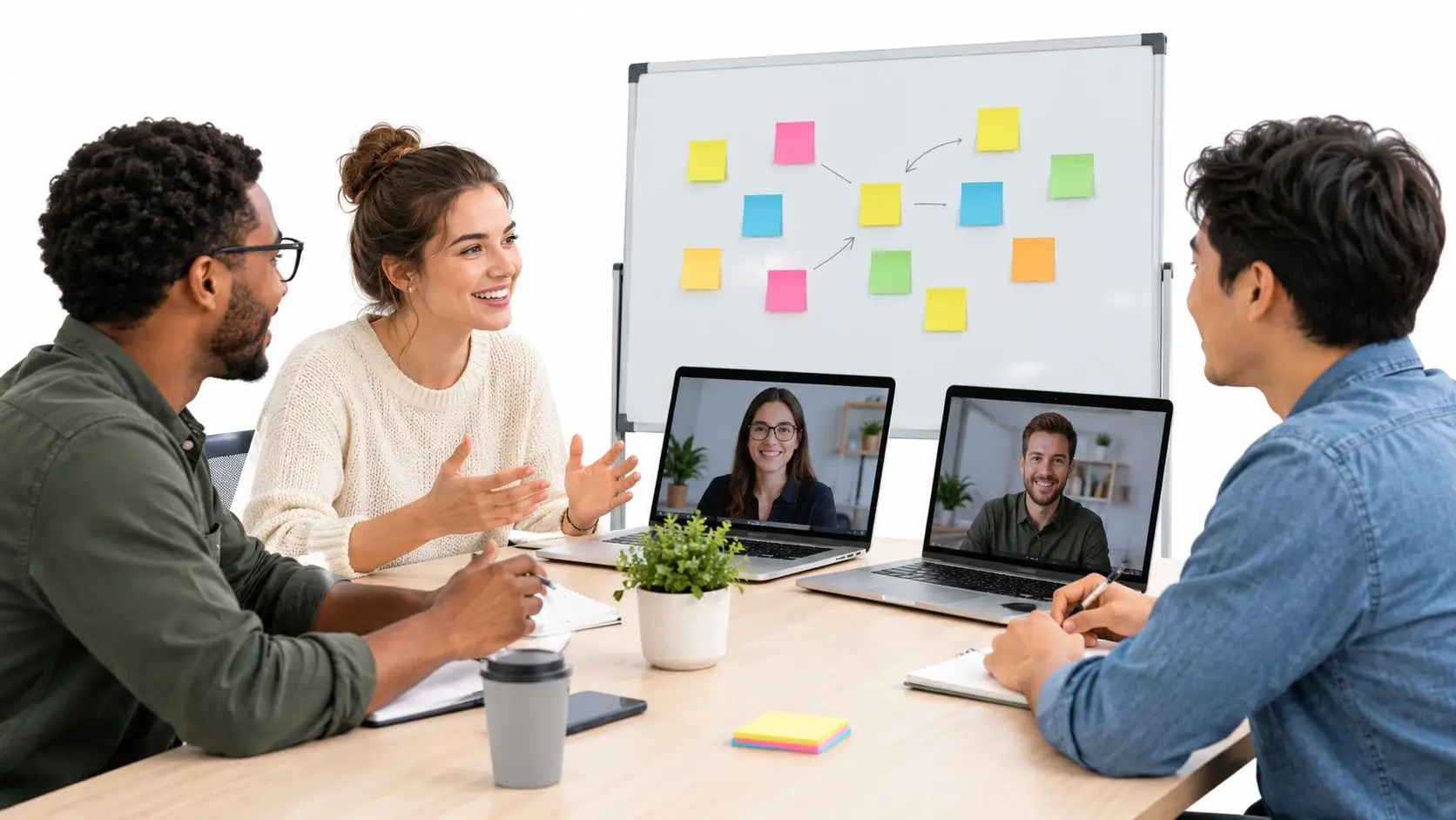 Un team diversificato collabora in ufficio durante una riunione ibrida utilizzando computer portatili e una lavagna bianca.