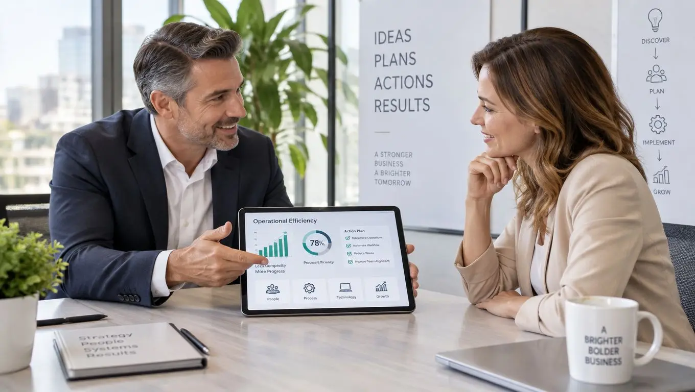 Un uomo e una donna d'affari discutono di indici di efficienza operativa utilizzando un tablet in ufficio.
