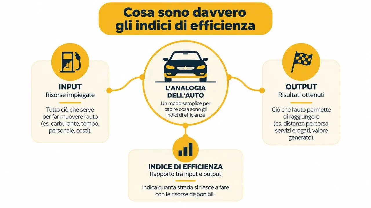 Un infografica che spiega il concetto di indici di efficienza attraverso l'analogia di un automobile con input e output.