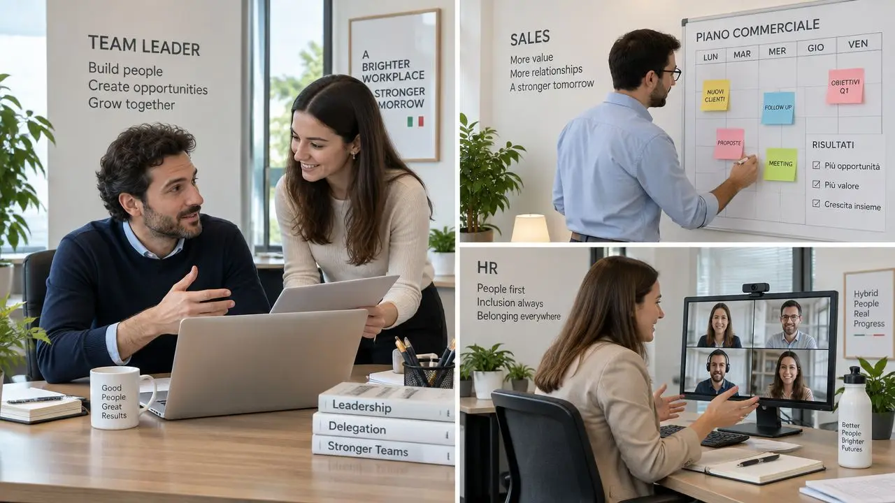 Un collage che mostra professionisti in un ufficio moderno che collaborano, pianificano le vendite e partecipano a videochiamate.