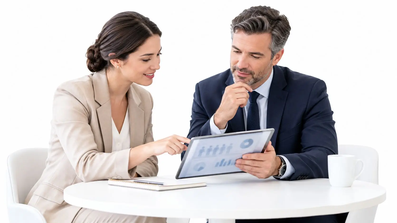 Professionisti d'affari che esaminano grafici e dati su un tablet digitale durante una riunione di lavoro.