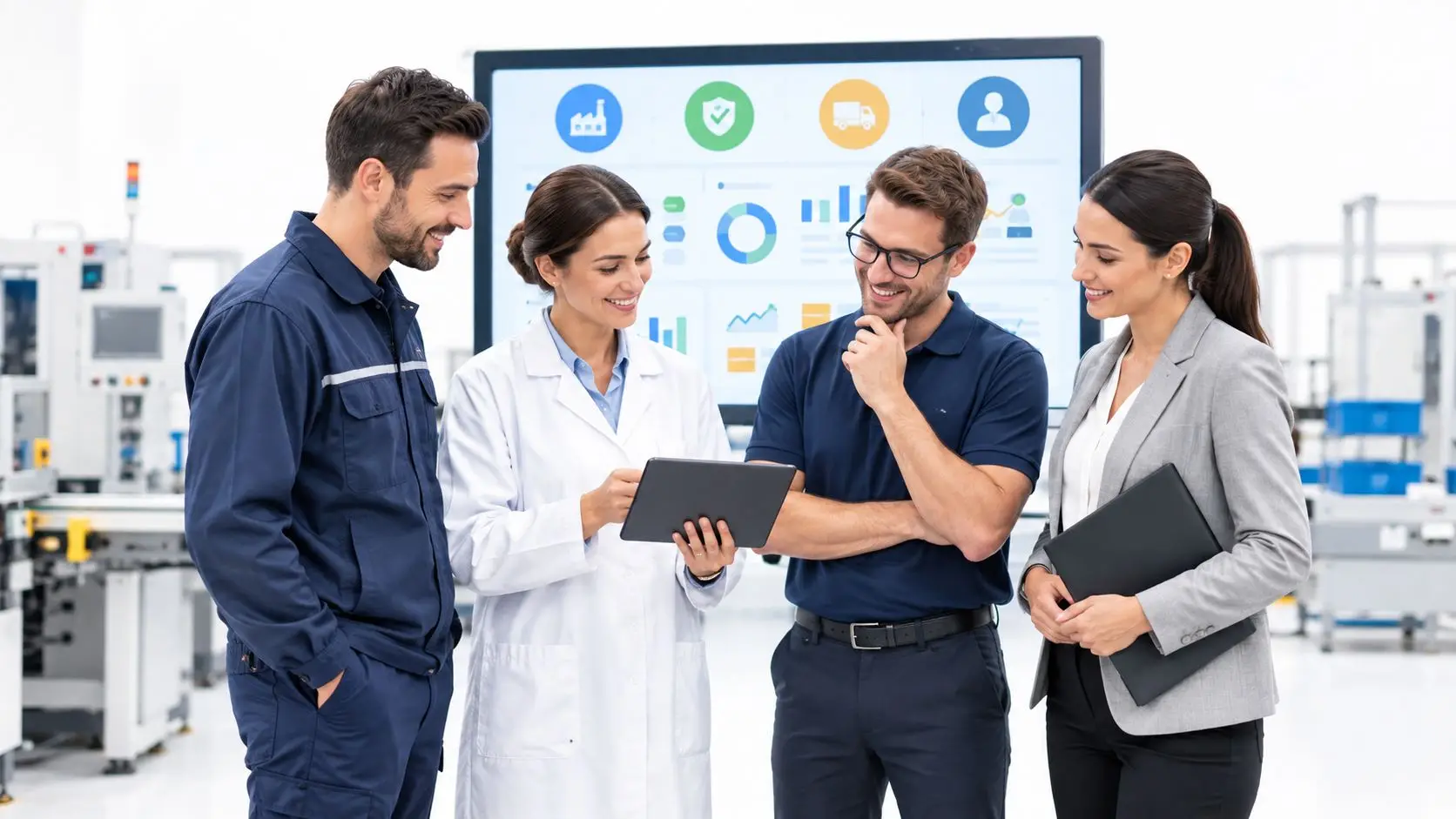 Un team di professionisti analizza dati di produzione su un tablet in uno stabilimento industriale moderno.