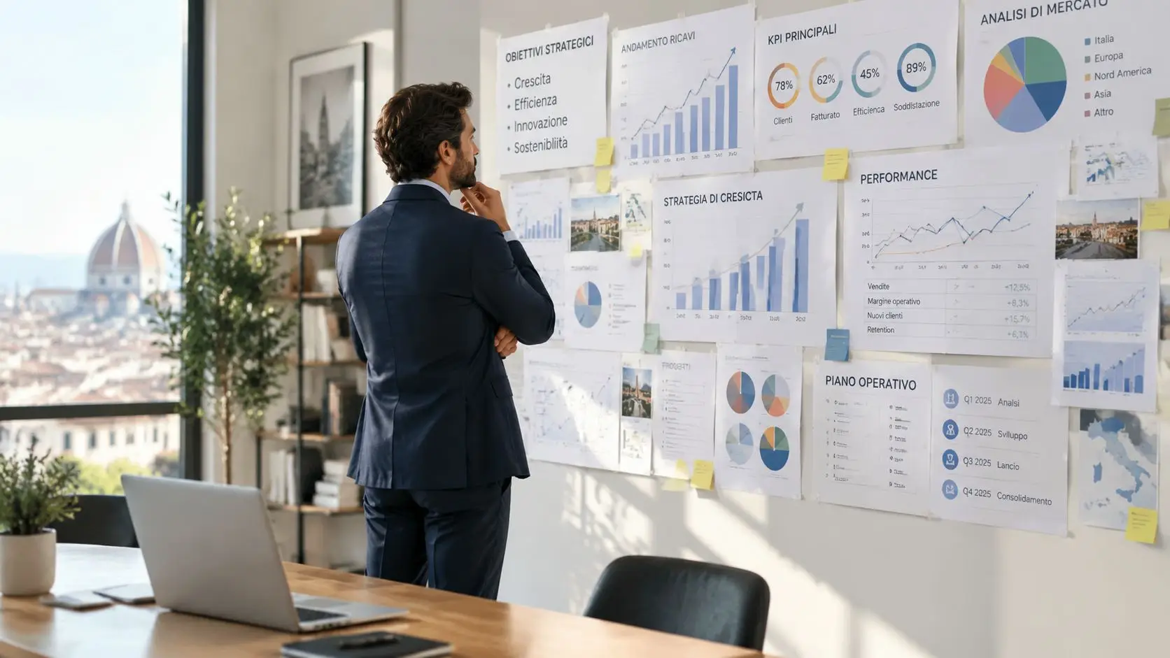 Un manager in giacca e cravatta analizza grafici di performance aziendale appesi a una parete in ufficio.