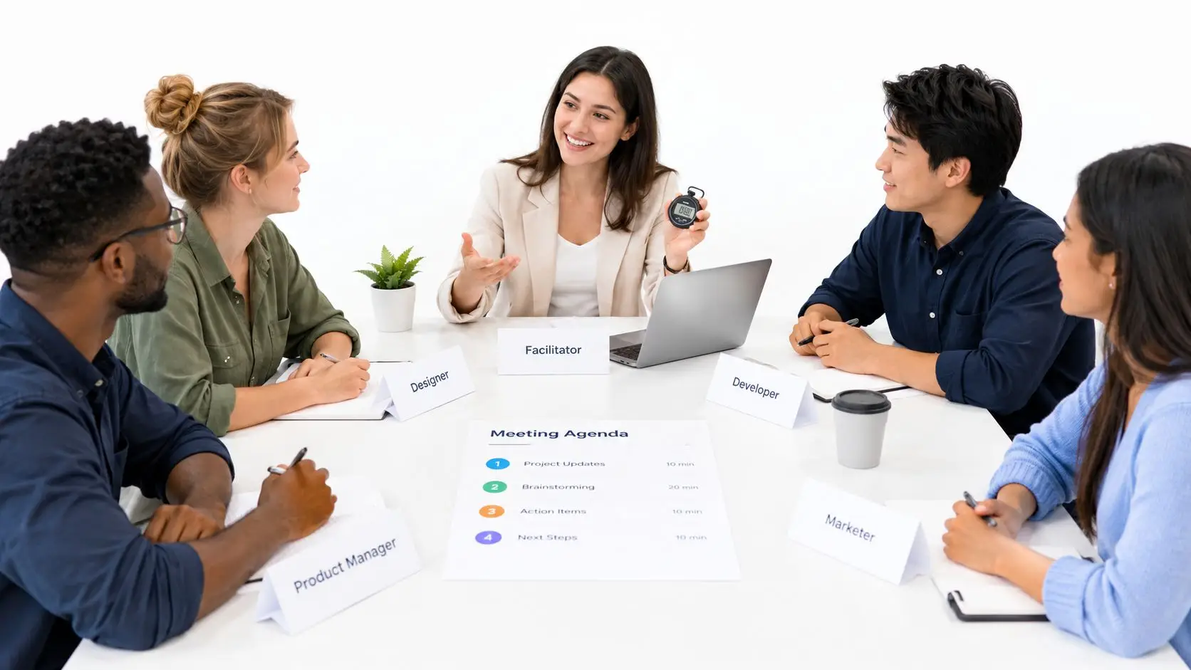 Un team diversificato che collabora durante una riunione di lavoro professionale seduto attorno a un tavolo bianco.