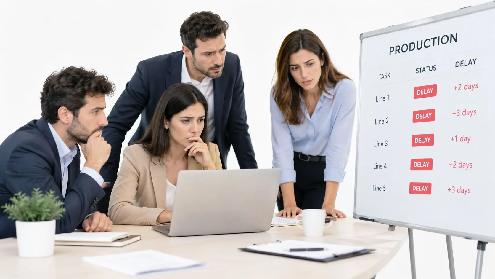 Un team di professionisti analizza seriamente i ritardi di produzione su un computer e una lavagna.