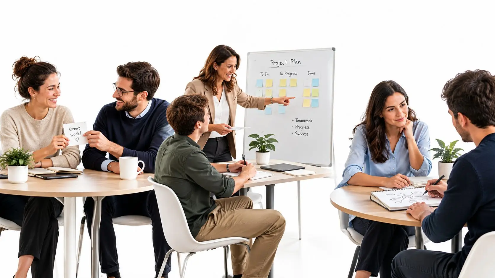 Un gruppo di professionisti che collaborano attivamente durante una sessione di brainstorming e formazione aziendale in ufficio.